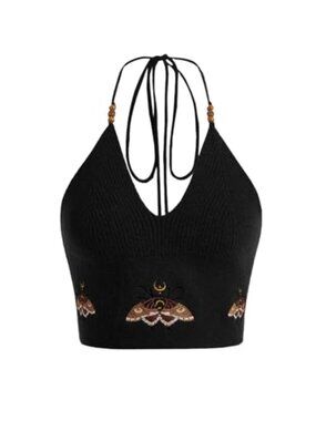 Boho Crochet Halter Tank Top - Knit Crop Backless Shell Appliques Beachwear